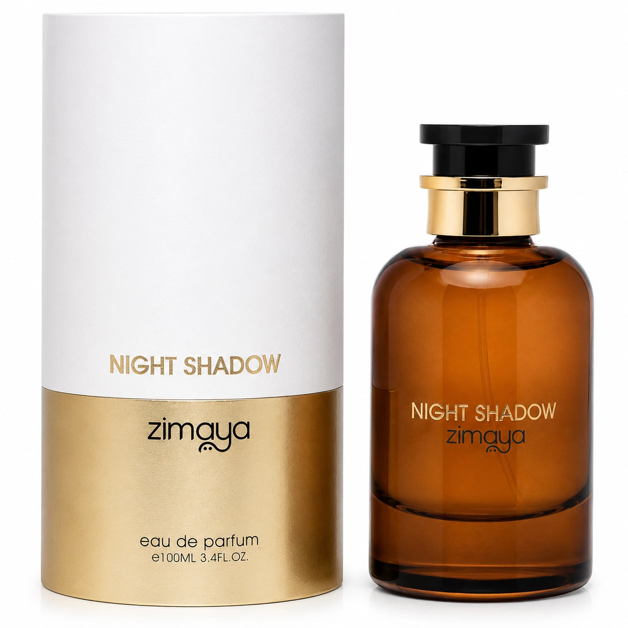 Night Shadow Eau De Parfum 100ml Zimaya by Afnan Luxury Perfume with white and gold cylindrical packaging box on a white background.