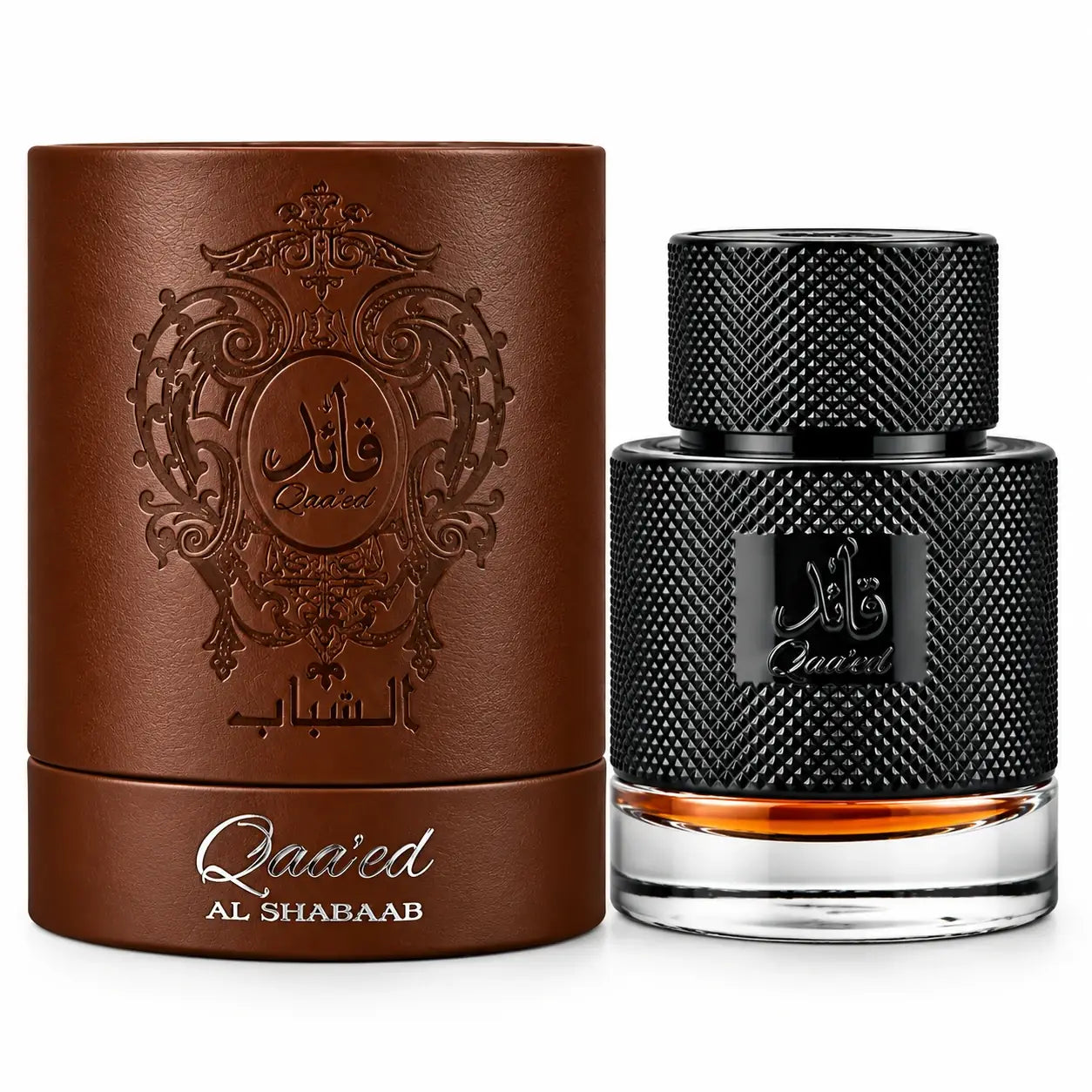Al Shabaab Qadi ed perfume bottle and its brown textured cylindrical box on a white background.