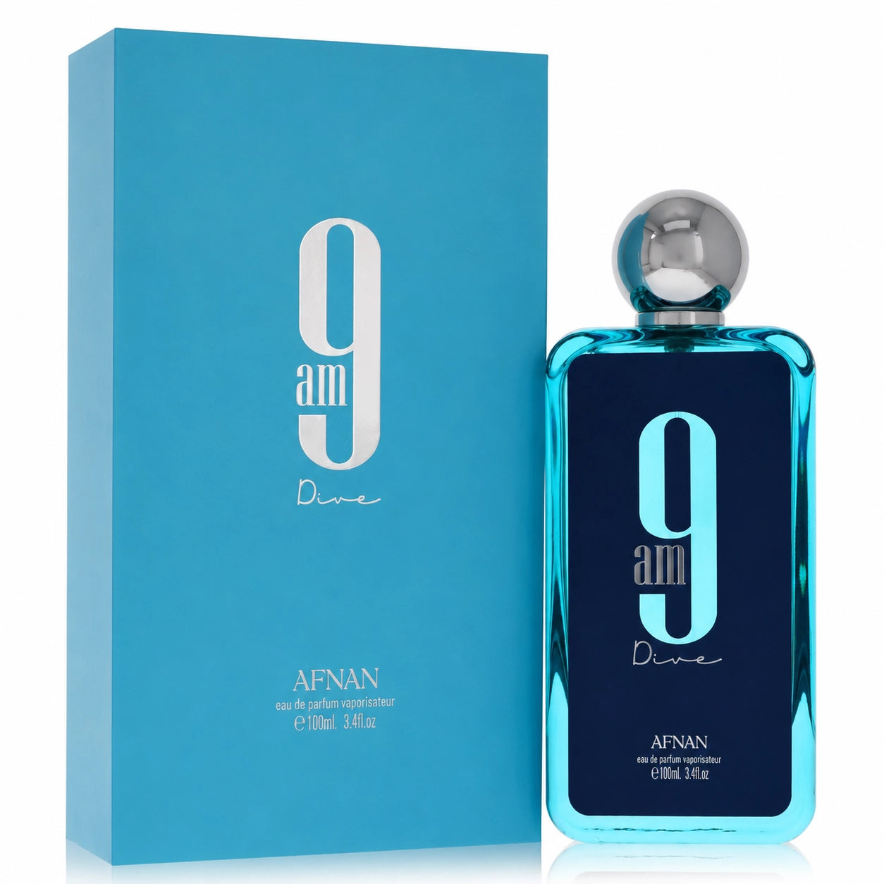 A 100ml bottle of Afnan 9am Dive eau de parfum next to its light blue packaging box, featuring a dark blue label with the number 9 and light blue 'am Dive' text.