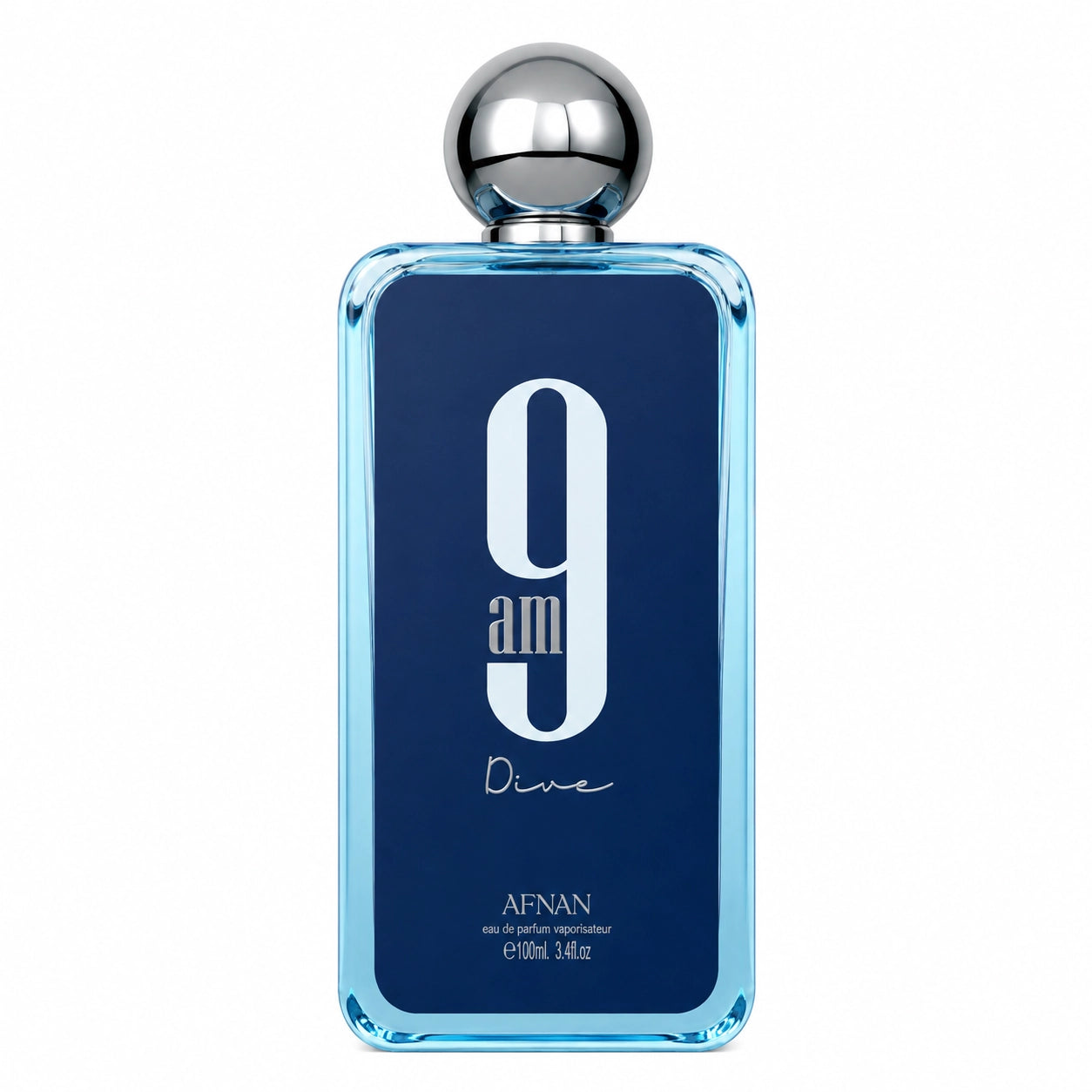 A bottle of Afnan 9 am am Dive Eau de Toilette spray, featuring a light blue glass rectangular bottle with a dark blue label, white typography, and a metallic silver spherical cap, set against a plain white background.