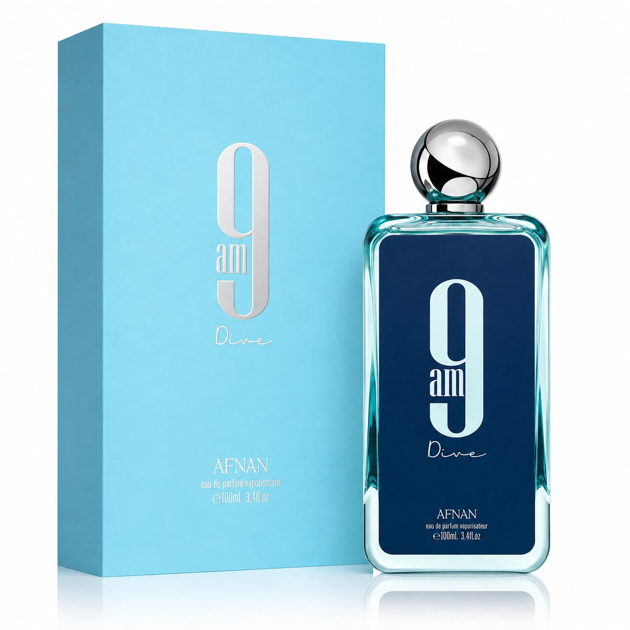 A bottle of AFNAN 9 AM Dive eau de parfum next to its light blue packaging box, featuring a dark blue label with a large white '9' and silver cap.