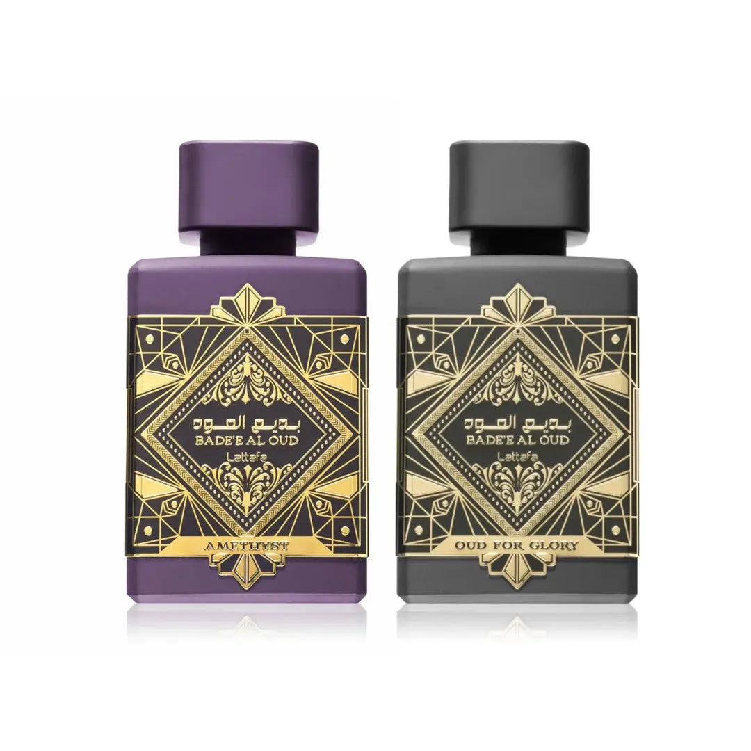 Bade'e Al Oud Amethyst and Oud for Glory 100ml Eau de Parfum Couple Set by Lattafa | Perfume Heaven