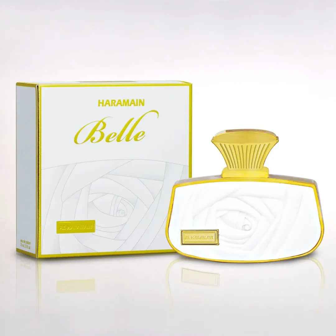 Haramain Belle perfume bottle and packaging on a white background