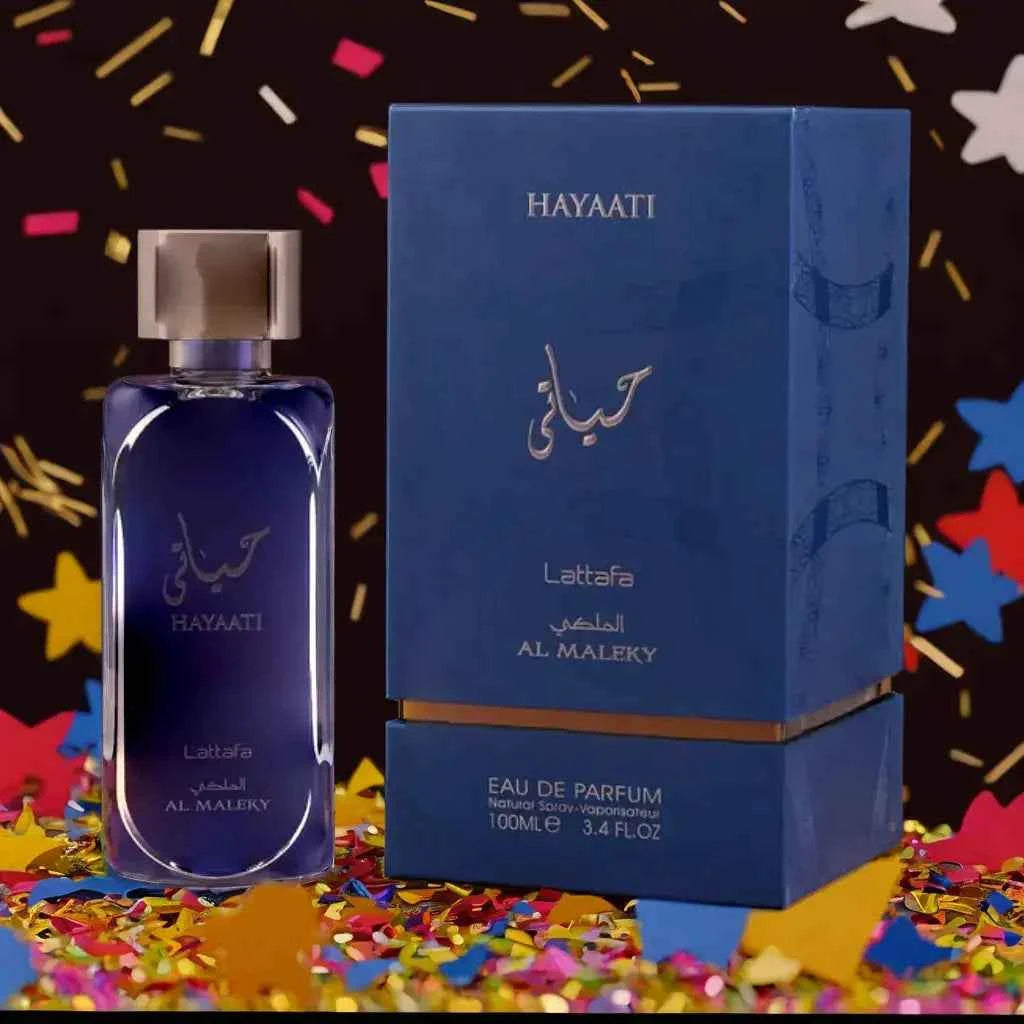 Hayaati Al Maleky Eau De Parfum 100ml Lattafa with Blue Colour Bottle and Box