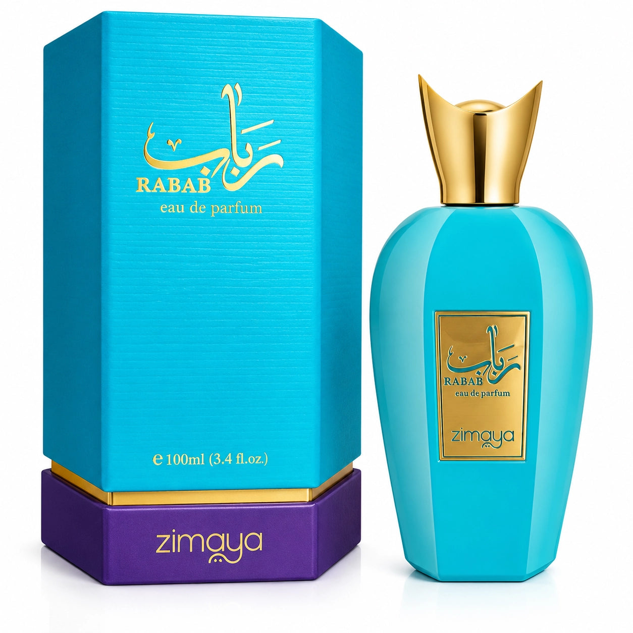 Rabab Eau De Parfum 100ml by Zimaya Luxury Perfume Bottle with a gold cap stands beside its matching turquoise box and purple base on a white background.