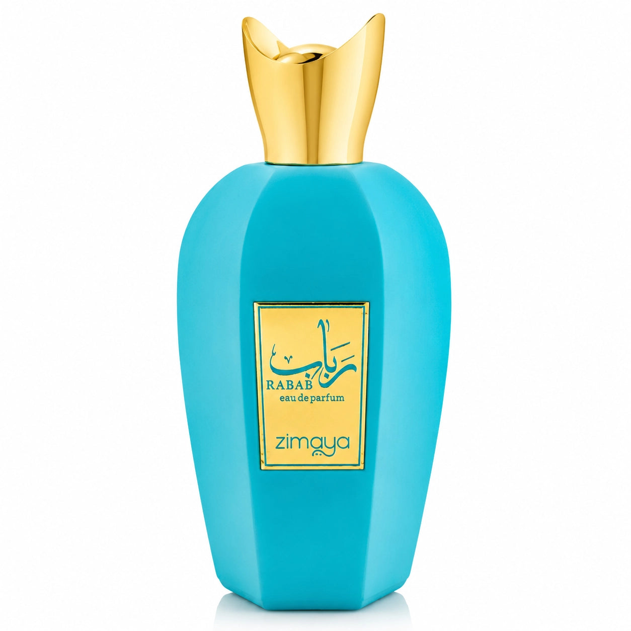 Rabab Eau De Parfum 100ml by Zimaya Luxury Perfume Bottle with a gold cap stands beside its matching turquoise box and purple base on a white background.