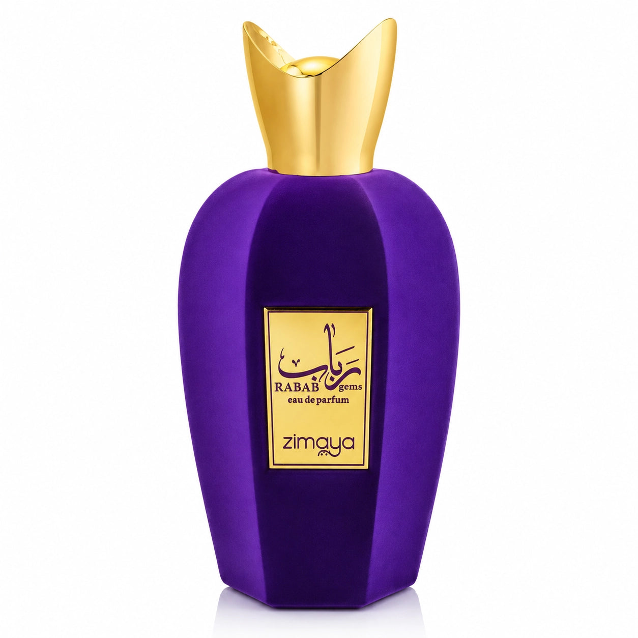 Rabab Gem Eau De Parfum 100ml by Zimaya by Afnan Luxury Perfume Bottle with a gold cap and a gold label featuring the brand name 'zimaya' and the scent 'RABAB'.