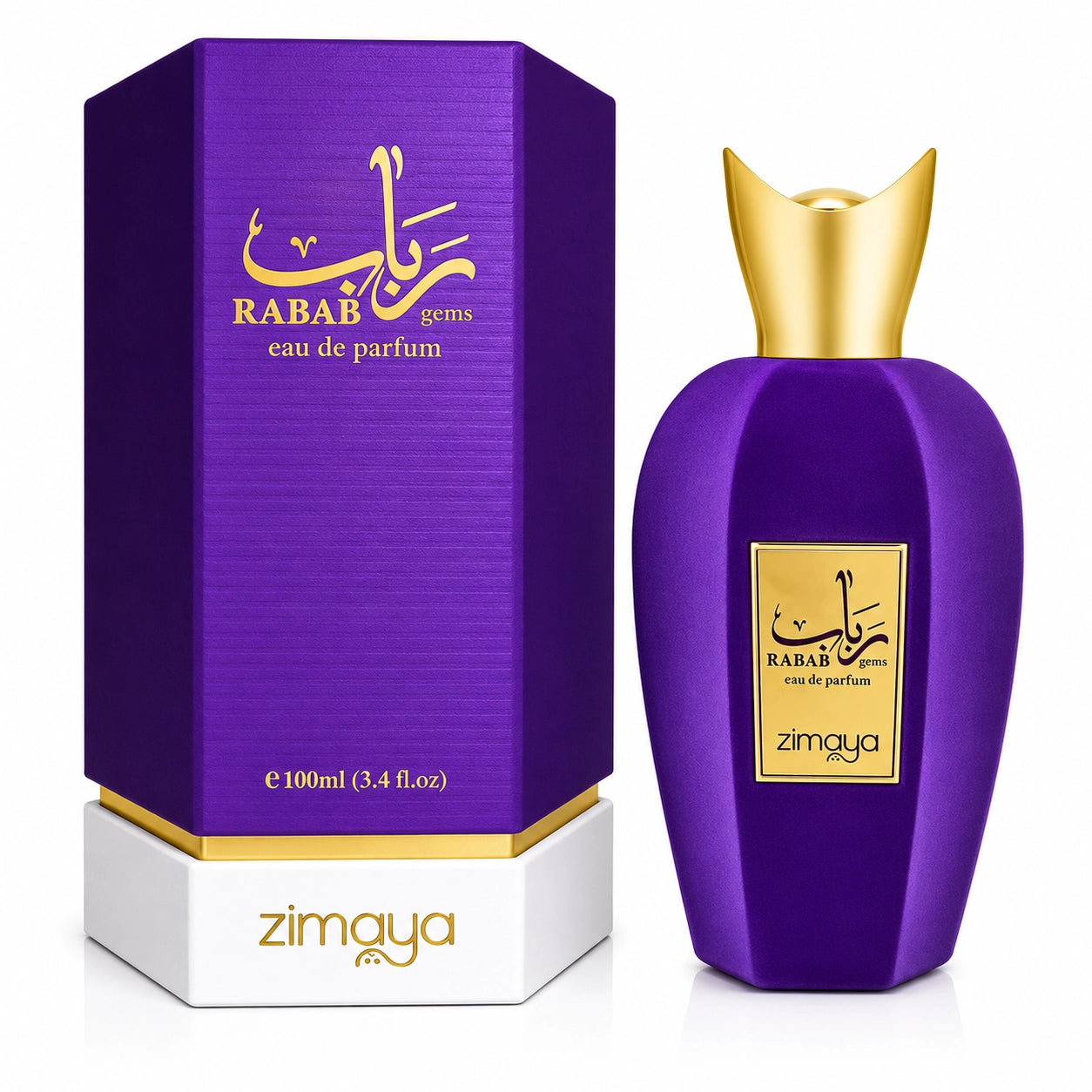 Rabab Gem Eau De Parfum 100ml by Zimaya by Afnan Luxury Perfume Bottlee with a gold cap, shown next to its matching purple and white packaging box with gold lettering.