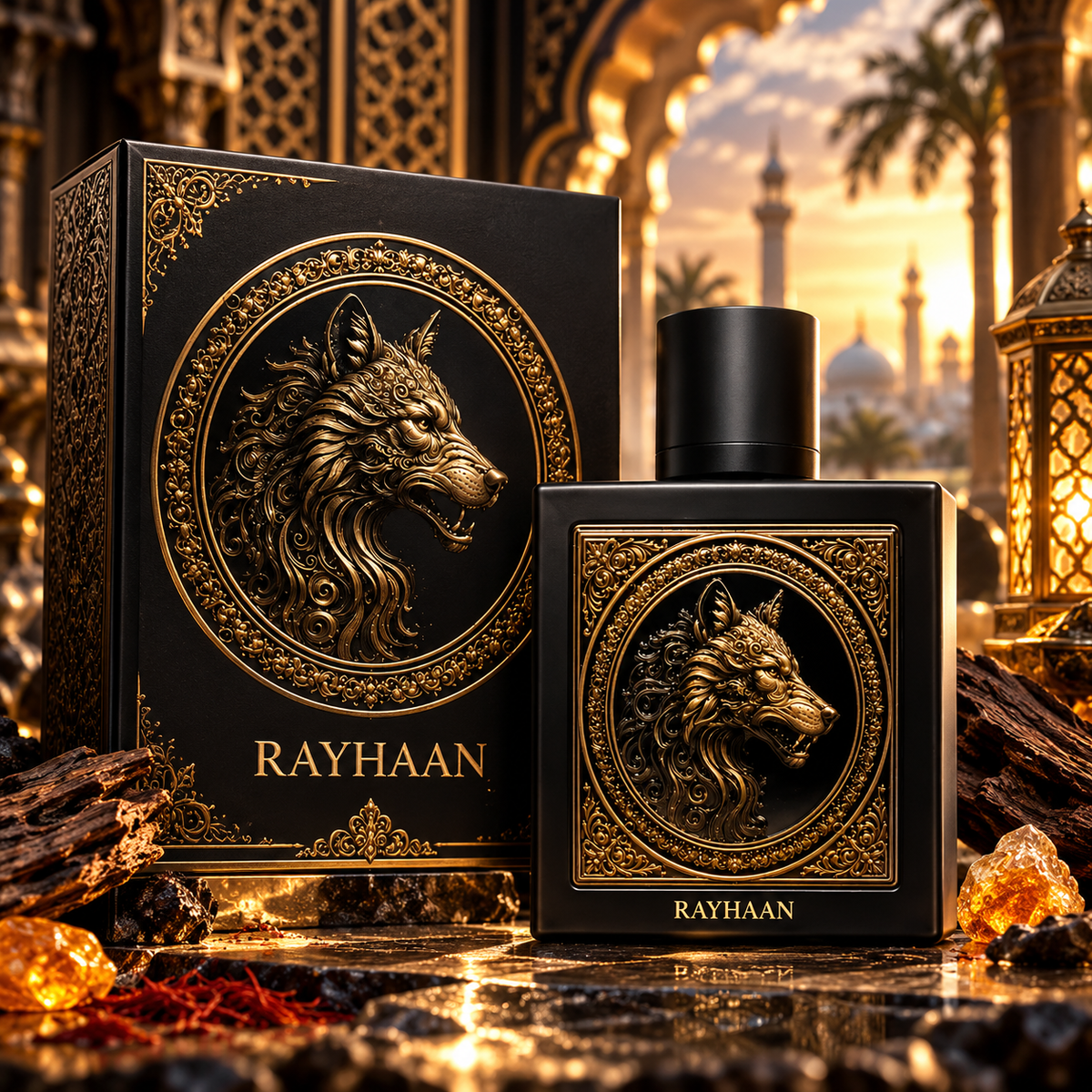 Rayhaan Wolf Eau De Parfum 100ml black bottle with decorative wolf-head emblem for men