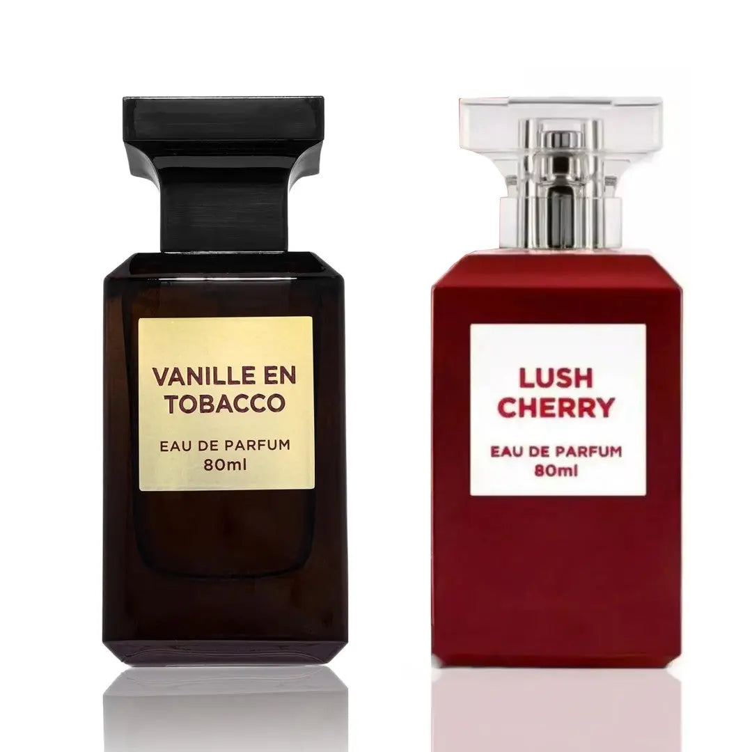 Vanille En Tobacco and Lush Cherry 80ml Eau de Parfum Couple Set by Fragrance World | Perfume Heaven