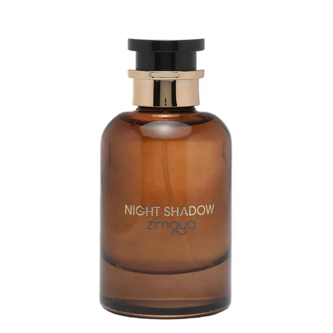 Night Shadow Eau De Parfum 100ml  Zimaya by Afnan Luxury Perfume with white and gold cylindrical packaging box on a white background.