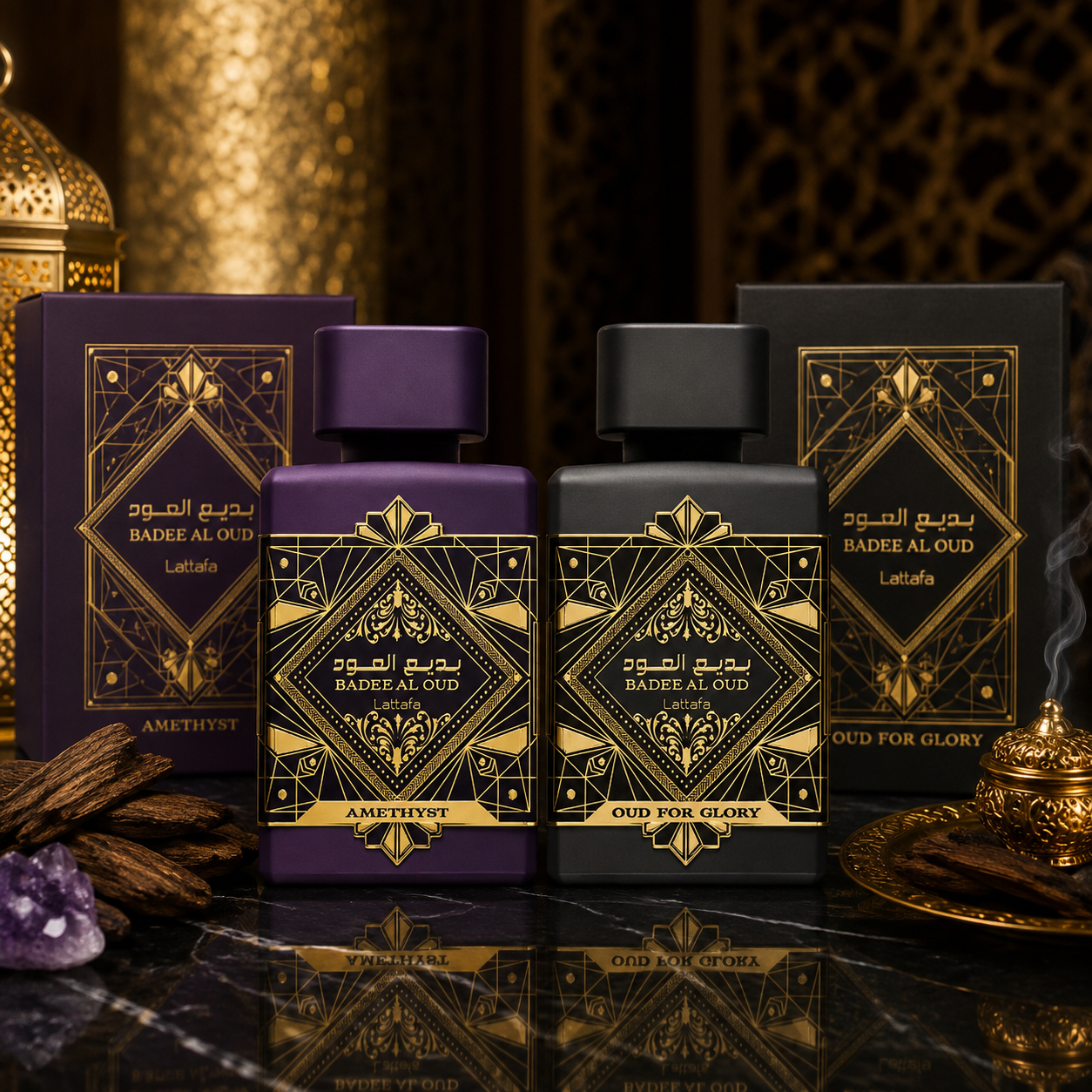 Bade'e Al Oud Amethyst and Oud for Glory 100ml Eau de Parfum Couple Set by Lattafa  Shop name
